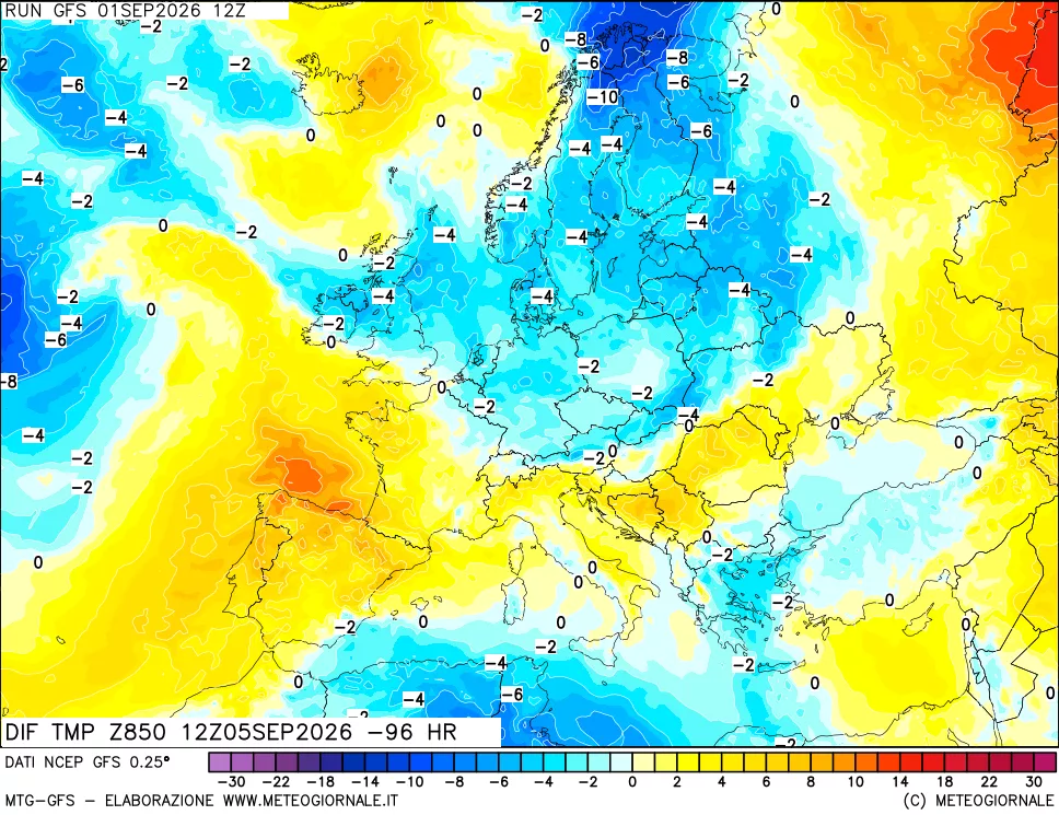 mappa Dif. Temp a 850 hPa Valid - Init