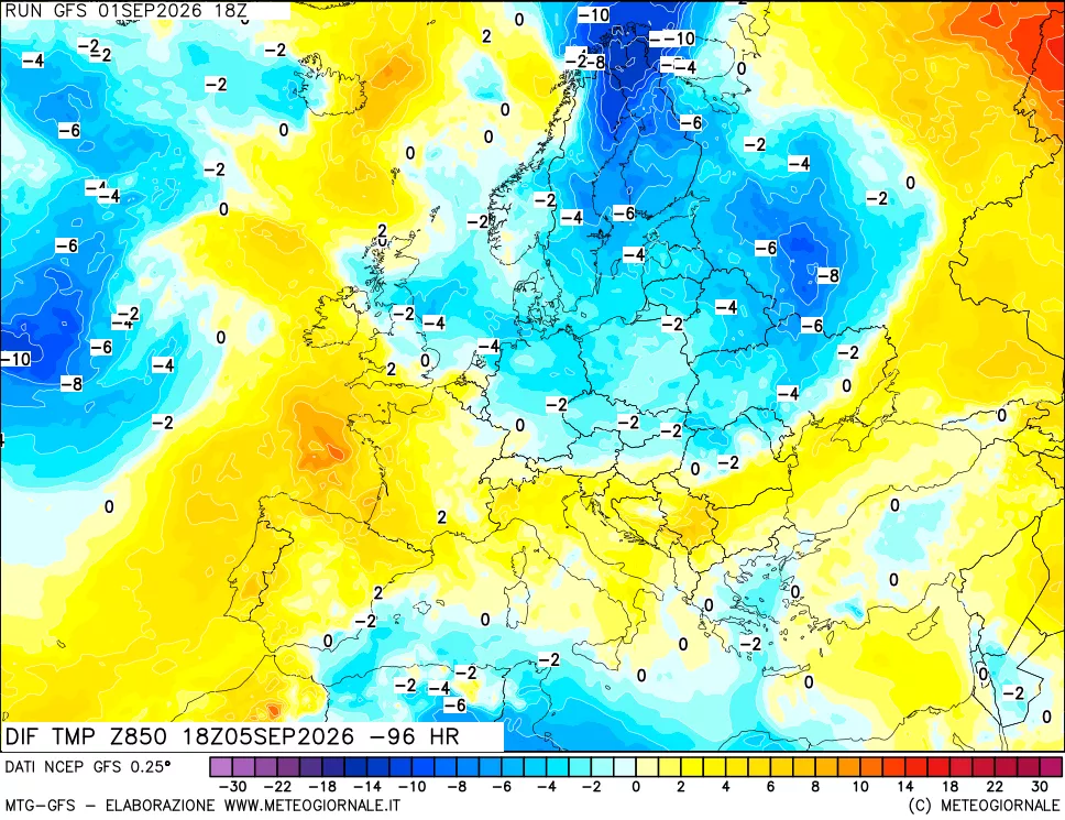 mappa Dif. Temp a 850 hPa Valid - Init