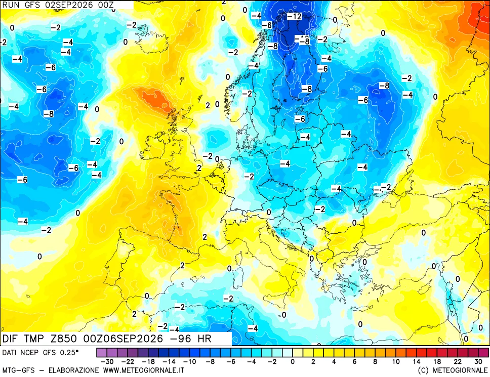 mappa Dif. Temp a 850 hPa Valid - Init