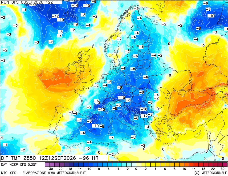 mappa Dif. Temp a 850 hPa Valid - Init