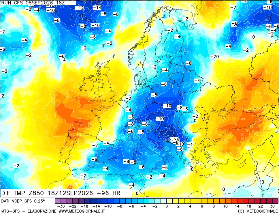 mappa Dif. Temp a 850 hPa Valid - Init