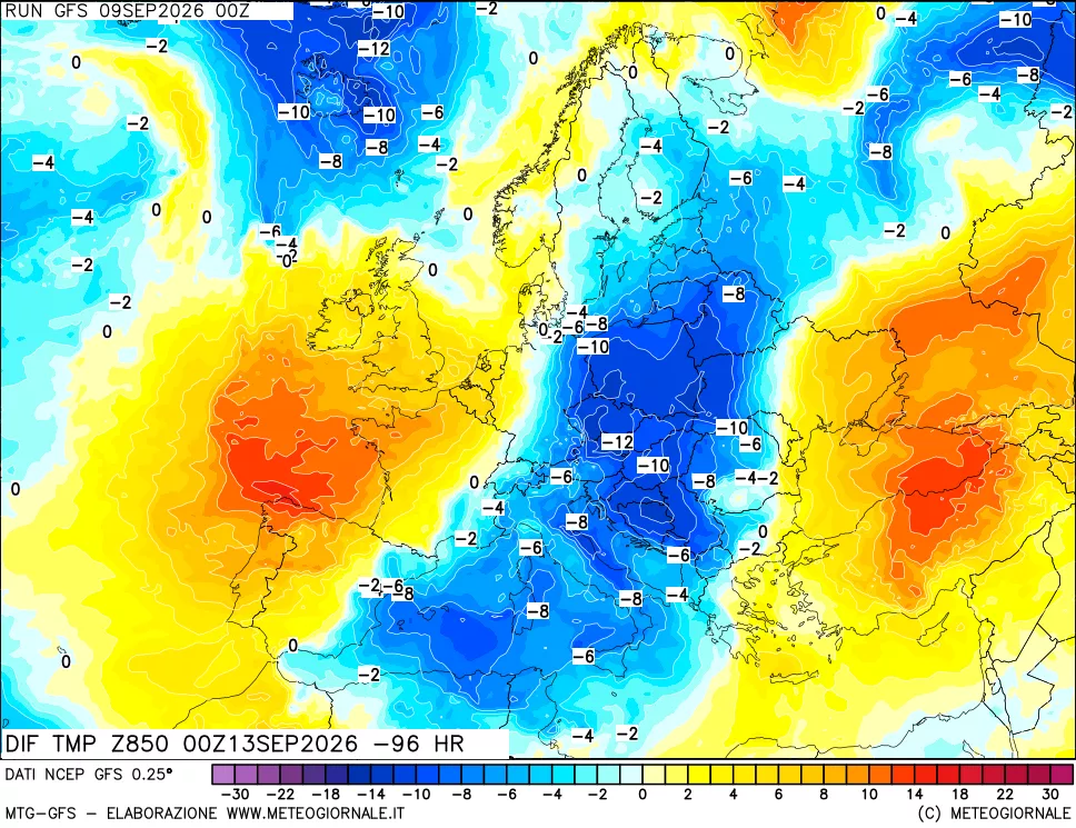 mappa Dif. Temp a 850 hPa Valid - Init