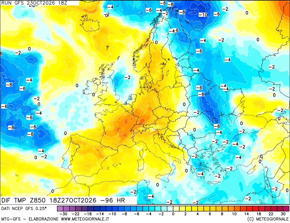 mappa Dif. Temp a 850 hPa Valid - Init
