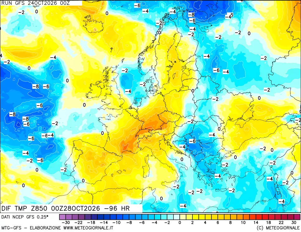 mappa Dif. Temp a 850 hPa Valid - Init