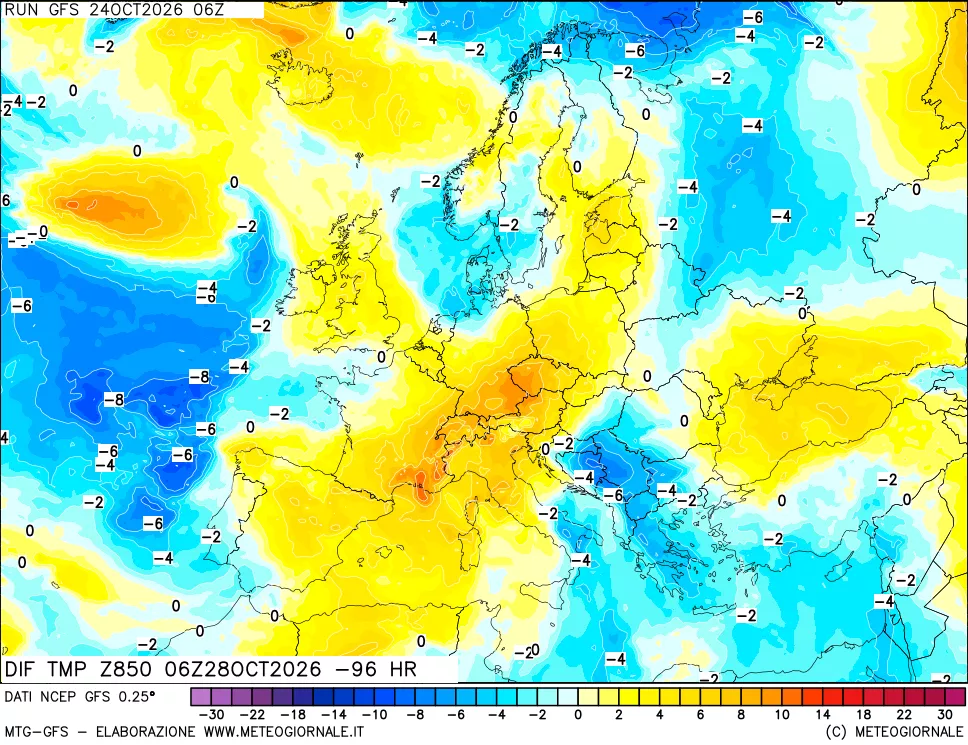 mappa Dif. Temp a 850 hPa Valid - Init