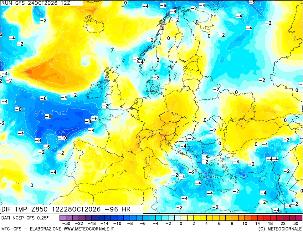 mappa Dif. Temp a 850 hPa Valid - Init