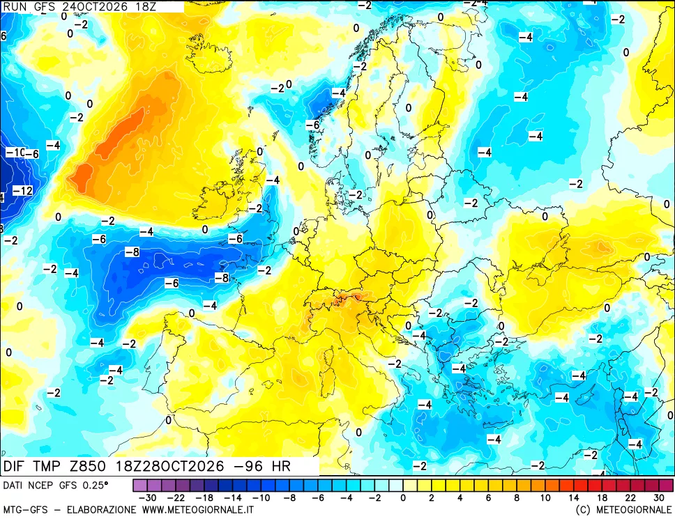 mappa Dif. Temp a 850 hPa Valid - Init