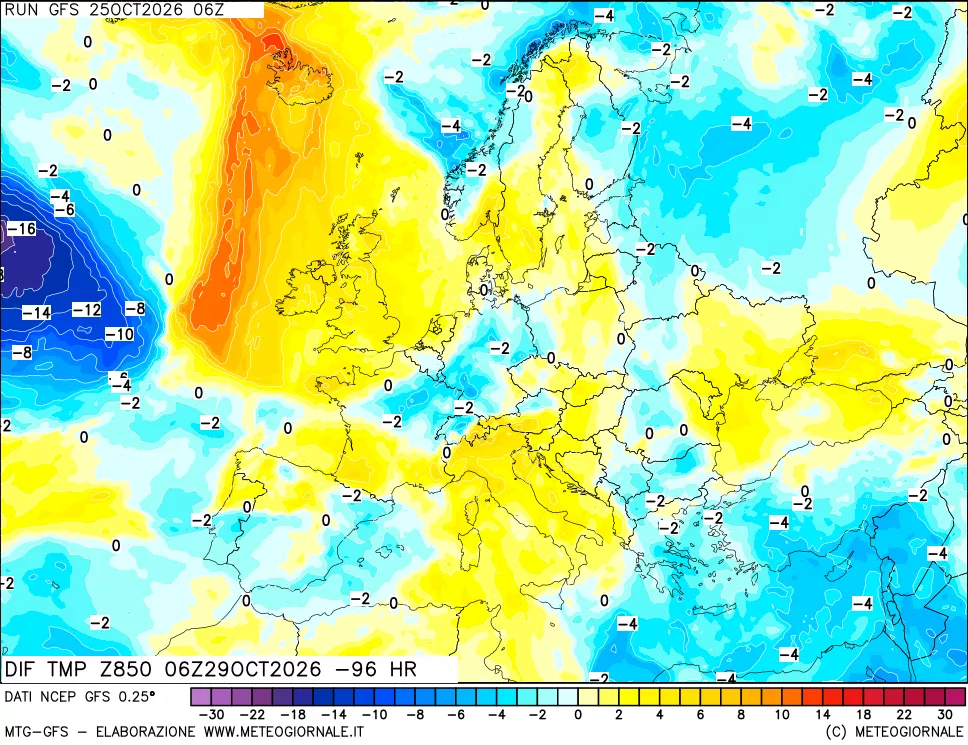 mappa Dif. Temp a 850 hPa Valid - Init