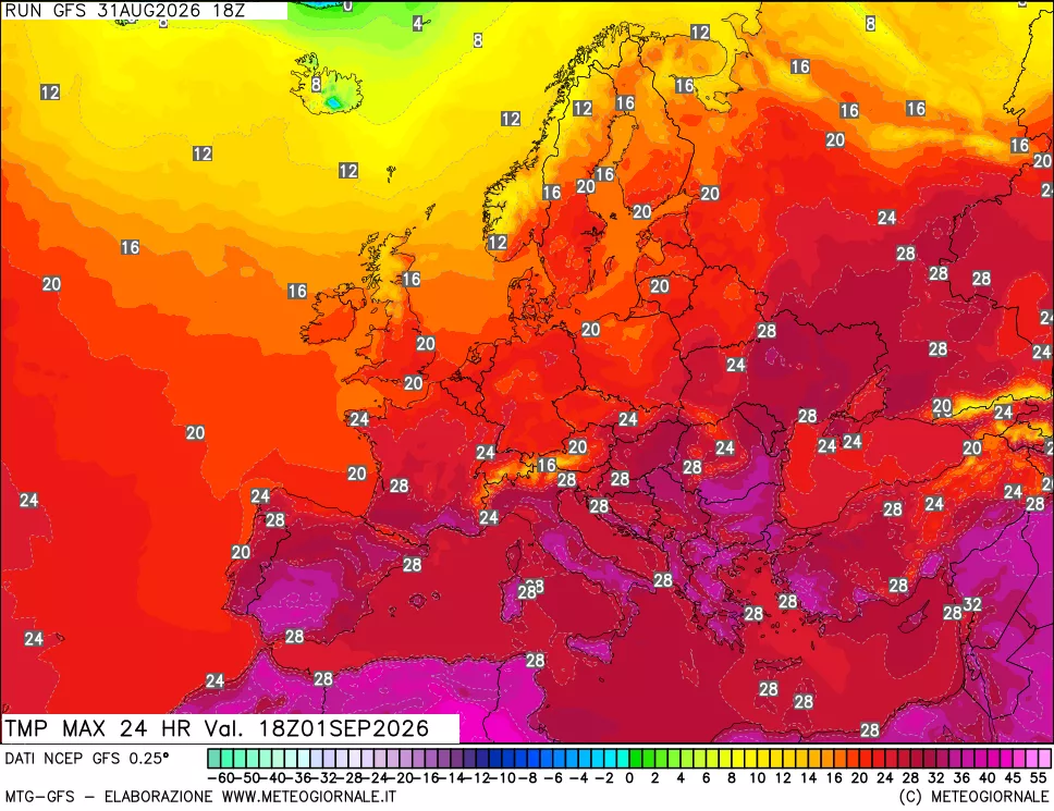 mappa Temperatura massima 24 ore