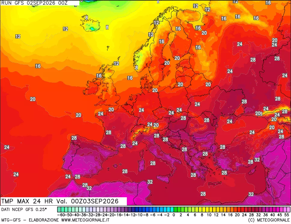 mappa Temperatura massima 24 ore