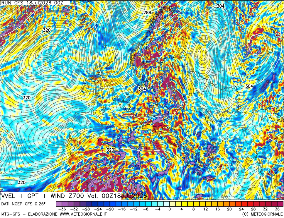 mappa 700 hPa Velocità verticiali + GPT + Vento