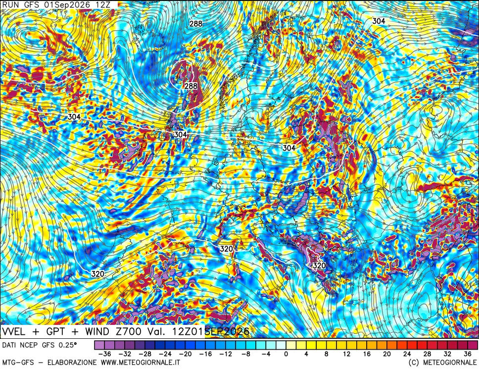 mappa 700 hPa Velocità verticiali + GPT + Vento