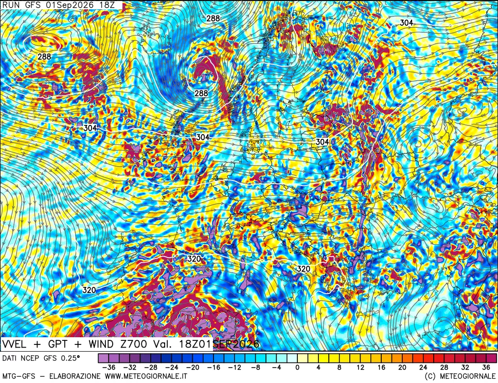 mappa 700 hPa Velocità verticiali + GPT + Vento
