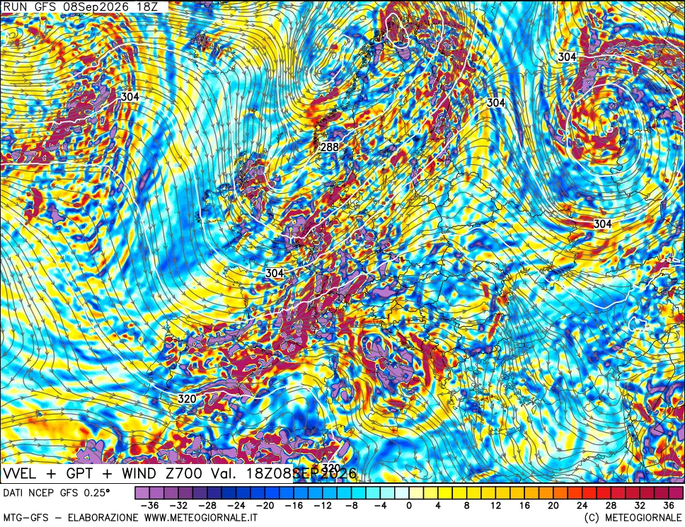 mappa 700 hPa Velocità verticiali + GPT + Vento