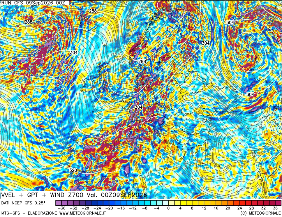 mappa 700 hPa Velocità verticiali + GPT + Vento