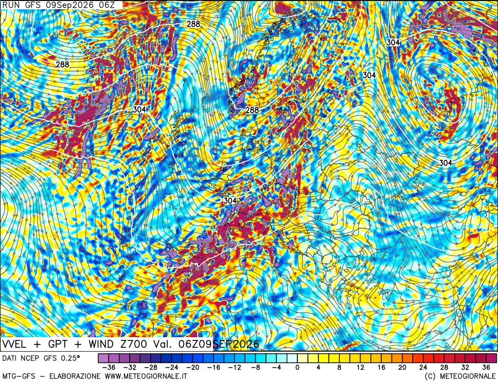 mappa 700 hPa Velocità verticiali + GPT + Vento