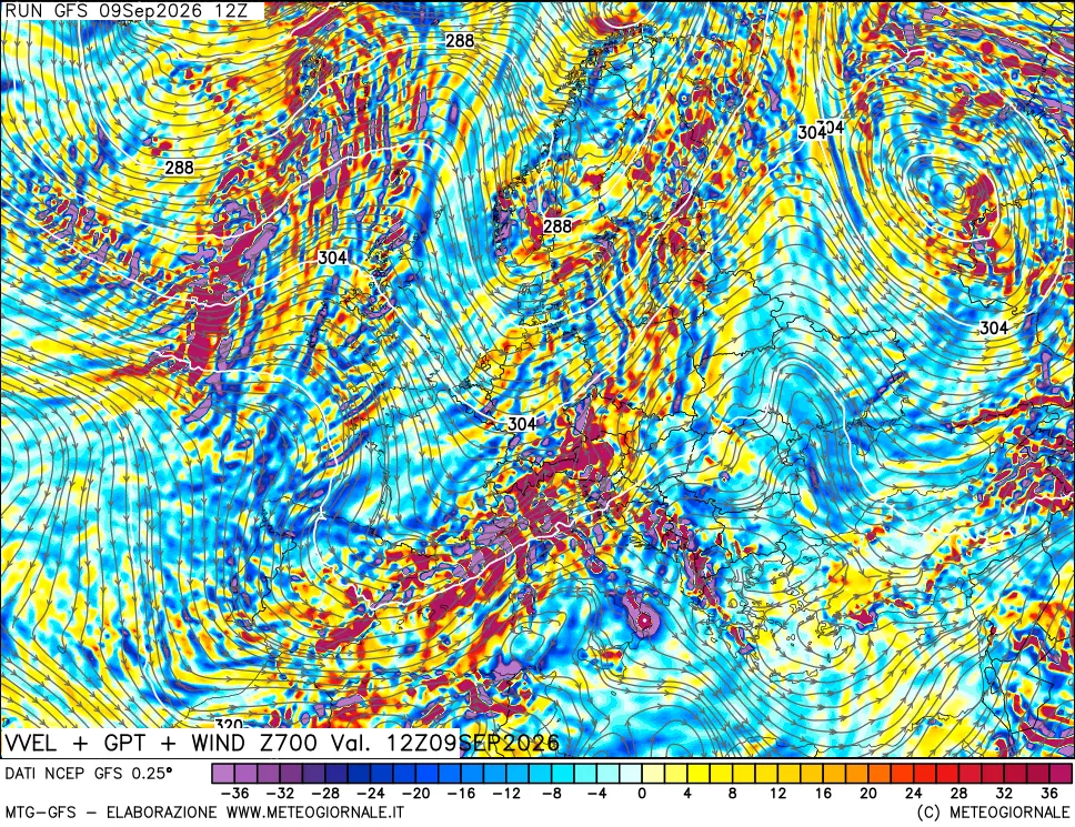 mappa 700 hPa Velocità verticiali + GPT + Vento