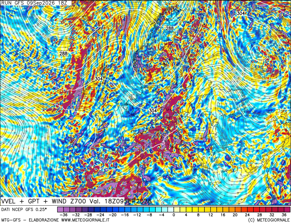 mappa 700 hPa Velocità verticiali + GPT + Vento