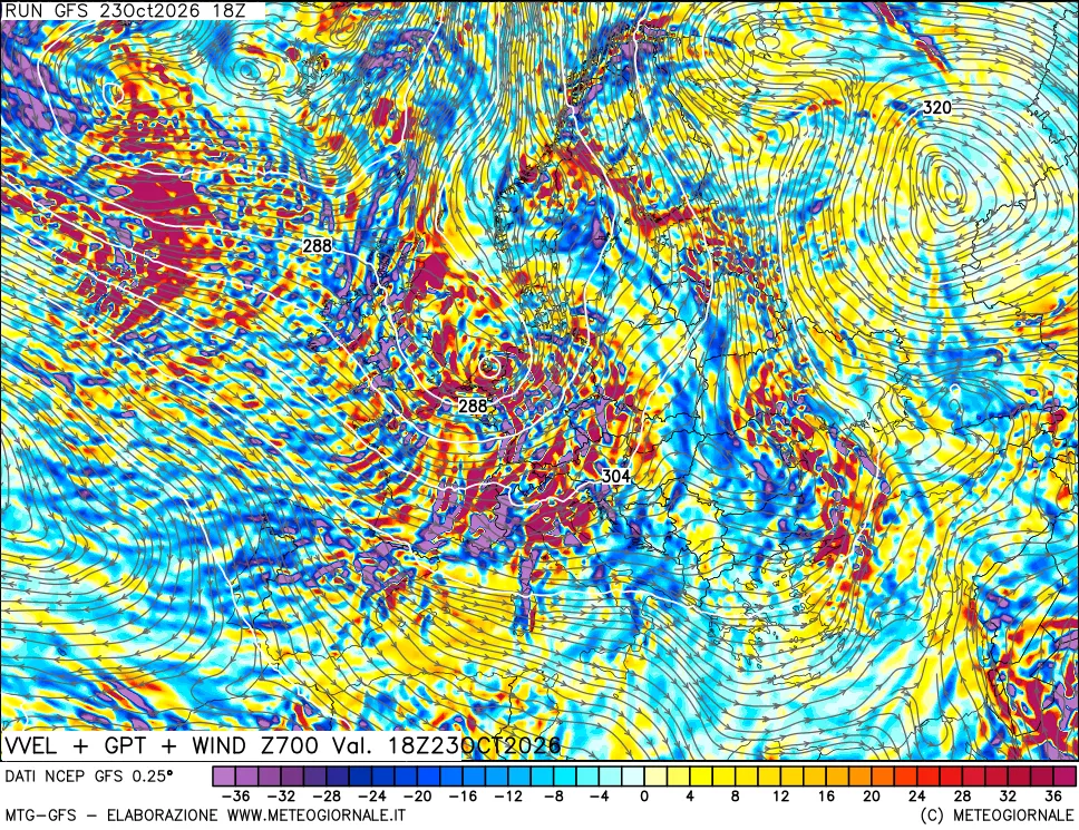 mappa 700 hPa Velocità verticiali + GPT + Vento