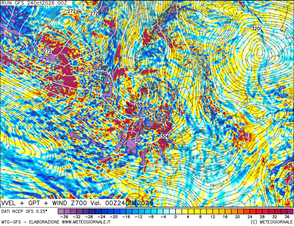 mappa 700 hPa Velocità verticiali + GPT + Vento