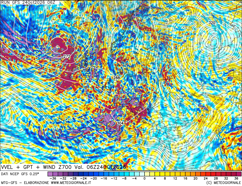 mappa 700 hPa Velocità verticiali + GPT + Vento
