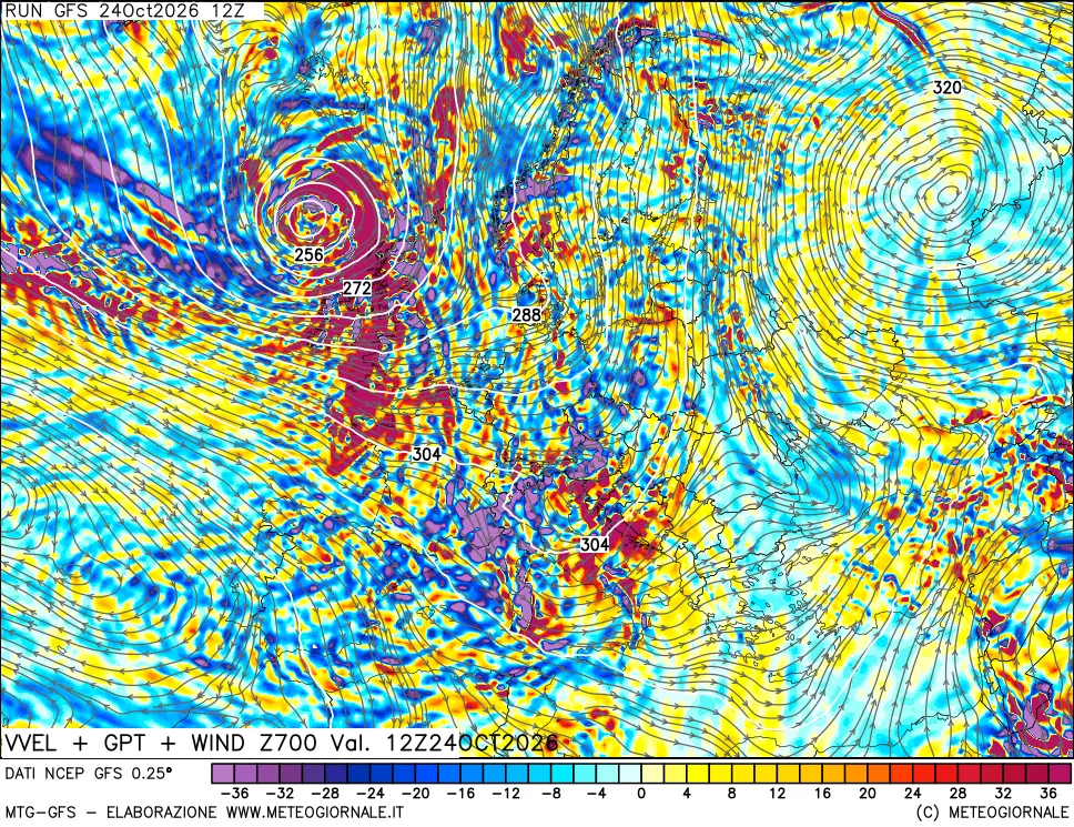 mappa 700 hPa Velocità verticiali + GPT + Vento