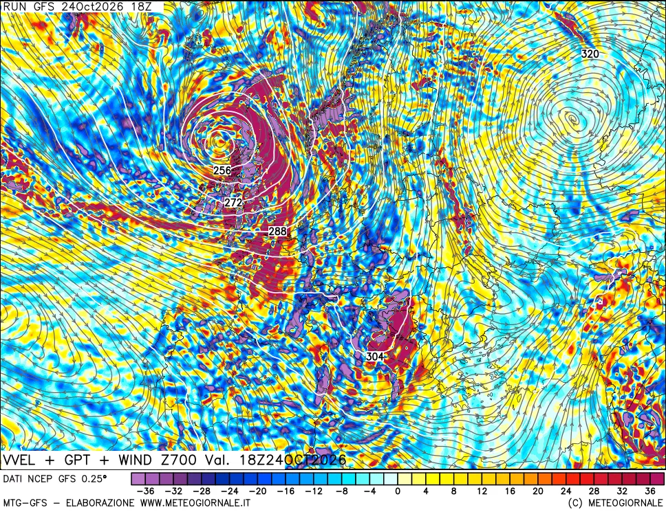 mappa 700 hPa Velocità verticiali + GPT + Vento