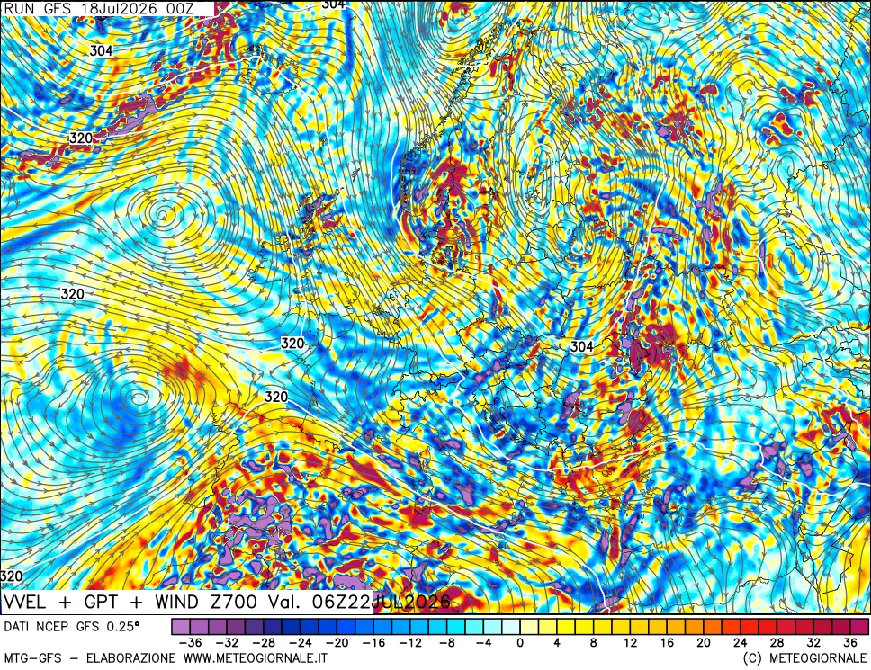mappa 700 hPa Velocità verticiali + GPT + Vento