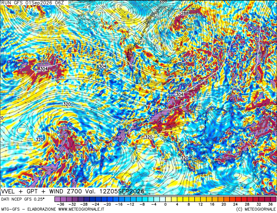 mappa 700 hPa Velocità verticiali + GPT + Vento