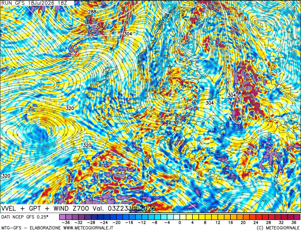 mappa 700 hPa Velocità verticiali + GPT + Vento