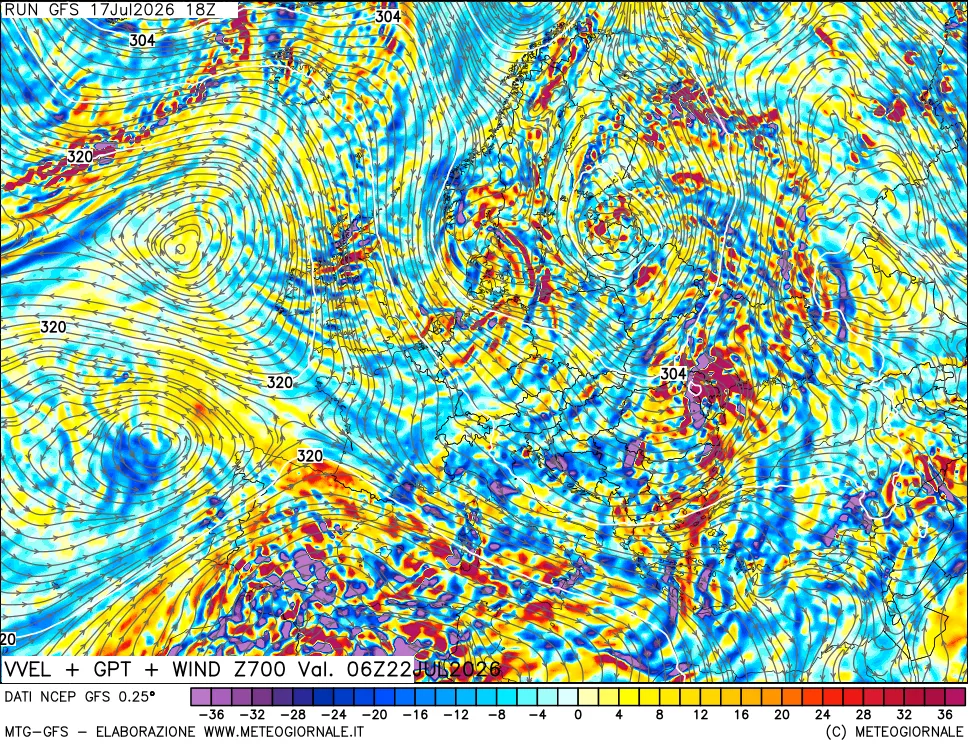 mappa 700 hPa Velocità verticiali + GPT + Vento