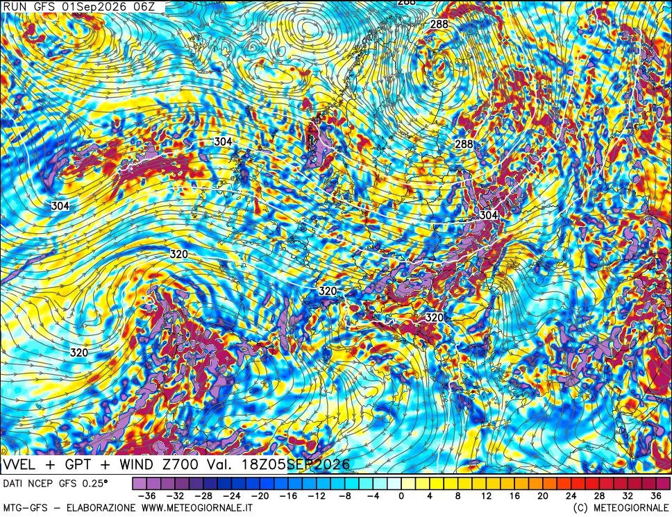 mappa 700 hPa Velocità verticiali + GPT + Vento