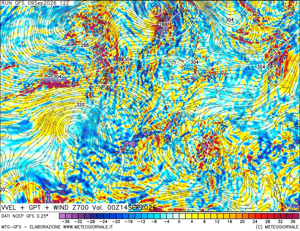 mappa 700 hPa Velocità verticiali + GPT + Vento