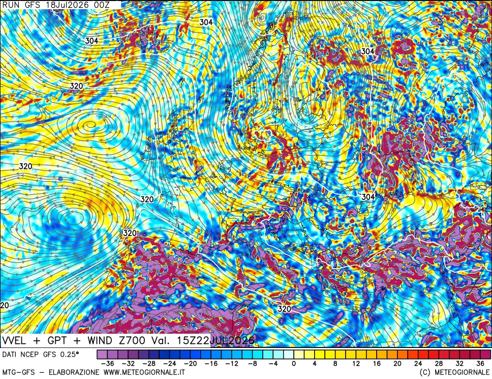 mappa 700 hPa Velocità verticiali + GPT + Vento