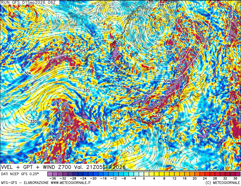 mappa 700 hPa Velocità verticiali + GPT + Vento