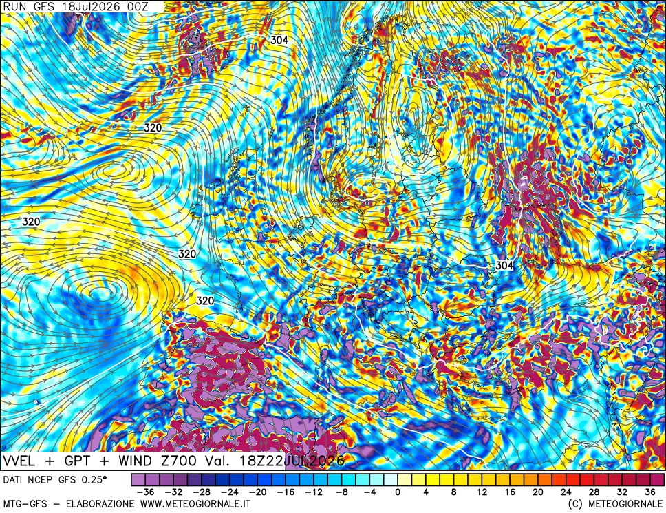 mappa 700 hPa Velocità verticiali + GPT + Vento