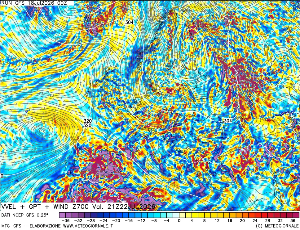 mappa 700 hPa Velocità verticiali + GPT + Vento