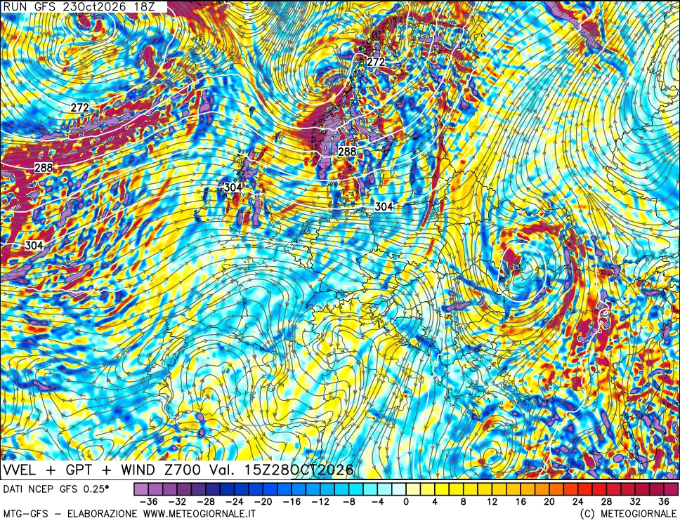 mappa 700 hPa Velocità verticiali + GPT + Vento