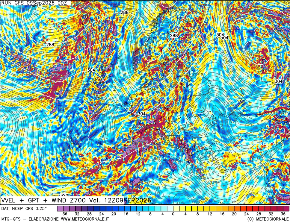 mappa 700 hPa Velocità verticiali + GPT + Vento