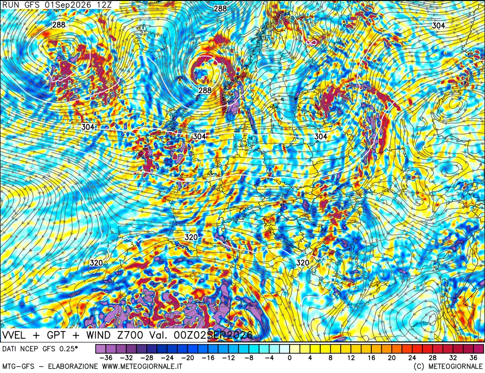 mappa 700 hPa Velocità verticiali + GPT + Vento