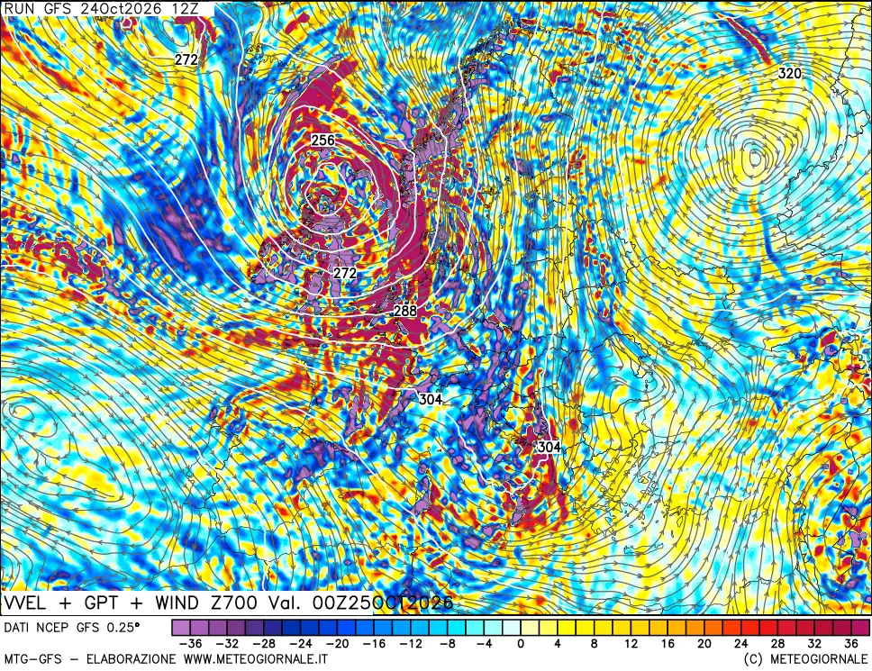 mappa 700 hPa Velocità verticiali + GPT + Vento