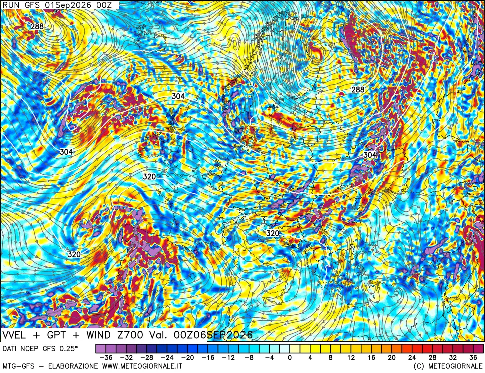 mappa 700 hPa Velocità verticiali + GPT + Vento