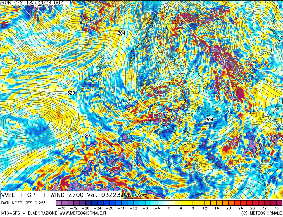 mappa 700 hPa Velocità verticiali + GPT + Vento