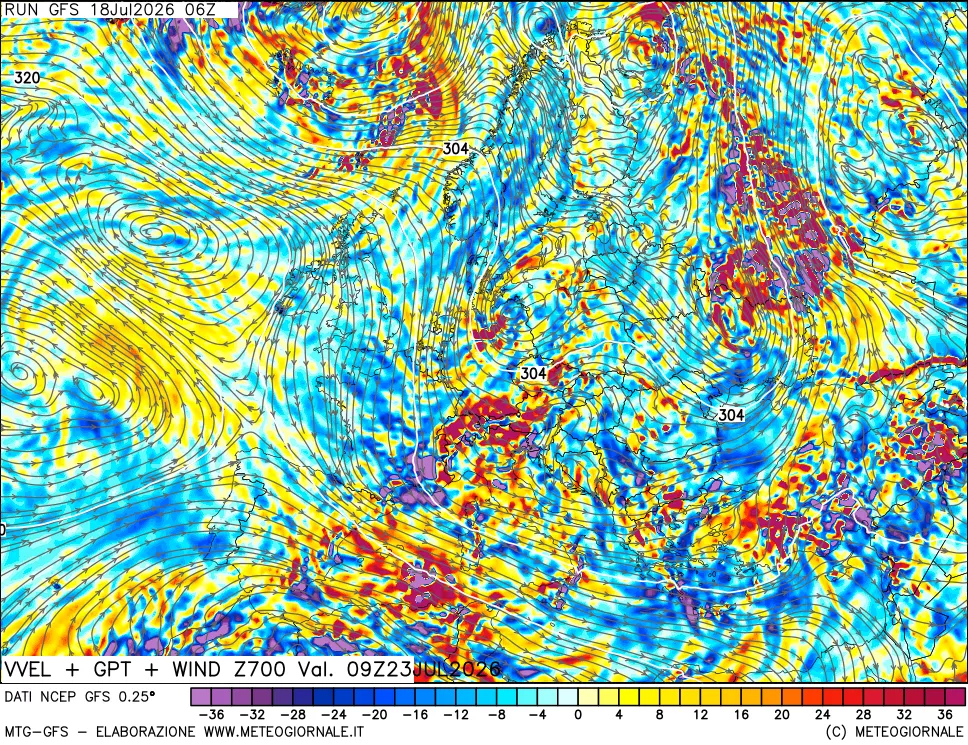 mappa 700 hPa Velocità verticiali + GPT + Vento