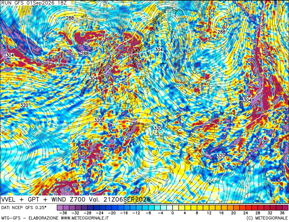 mappa 700 hPa Velocità verticiali + GPT + Vento