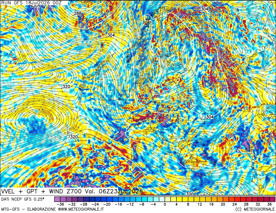 mappa 700 hPa Velocità verticiali + GPT + Vento