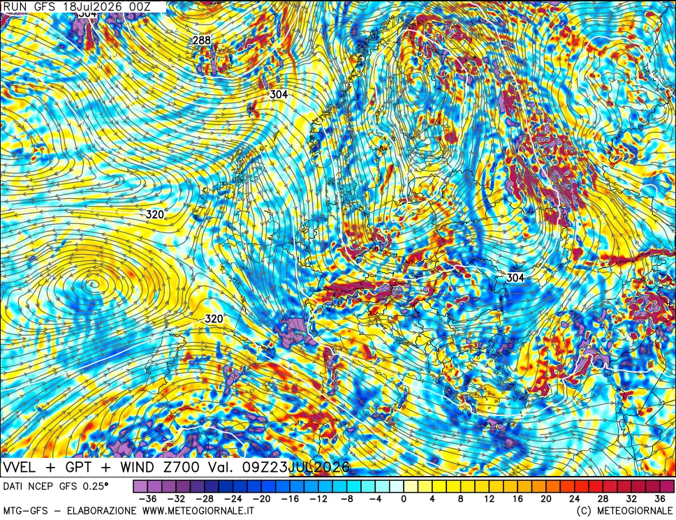 mappa 700 hPa Velocità verticiali + GPT + Vento