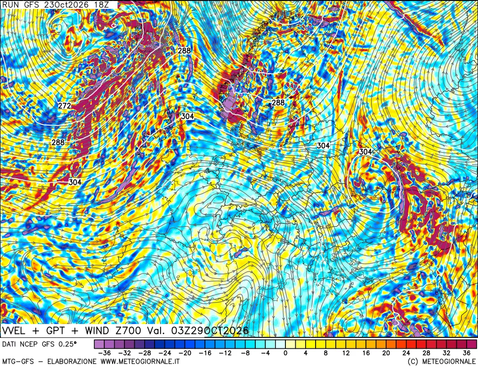 mappa 700 hPa Velocità verticiali + GPT + Vento