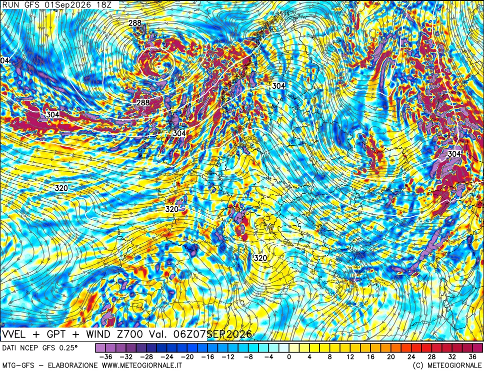 mappa 700 hPa Velocità verticiali + GPT + Vento
