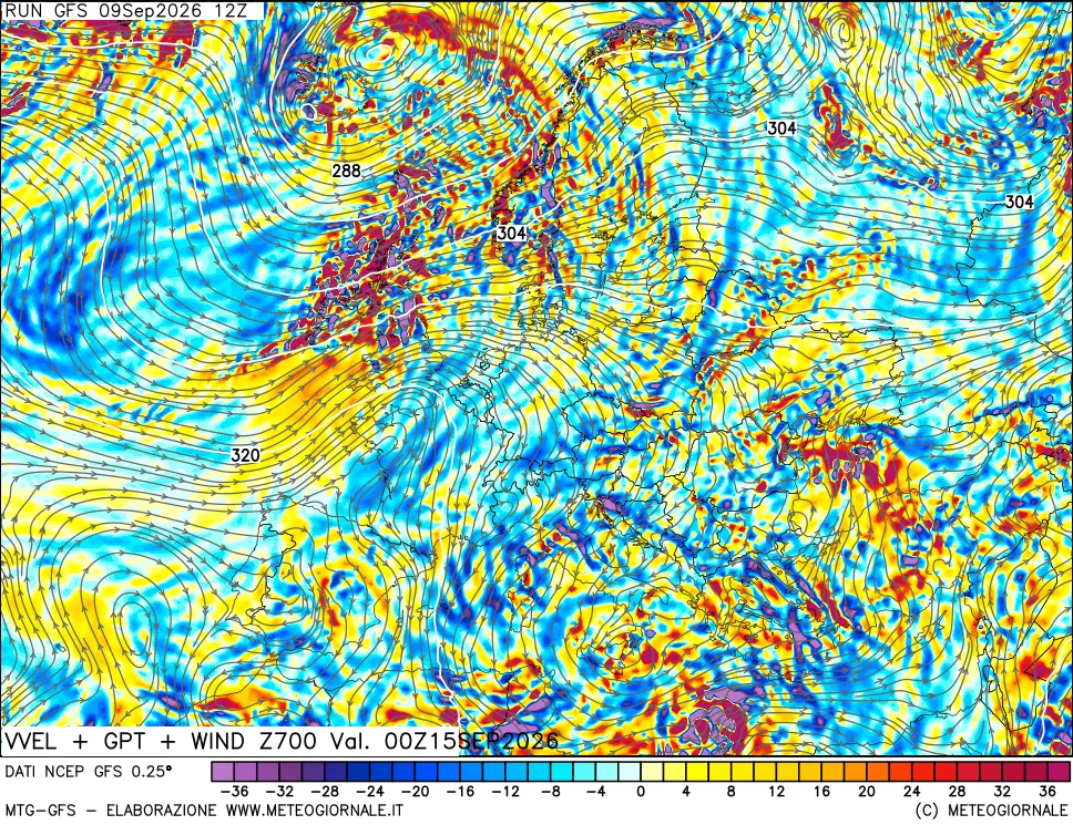 mappa 700 hPa Velocità verticiali + GPT + Vento